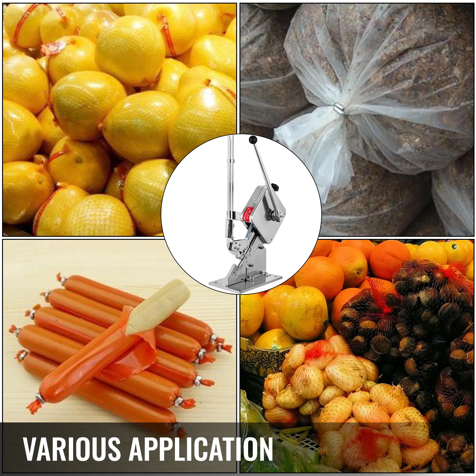 VEVOR sausage clipper machine with various packaging applications for fruits and nuts.