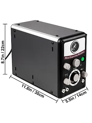 Máquina grabadora de joyas neumática VEVOR con dimensiones etiquetadas.