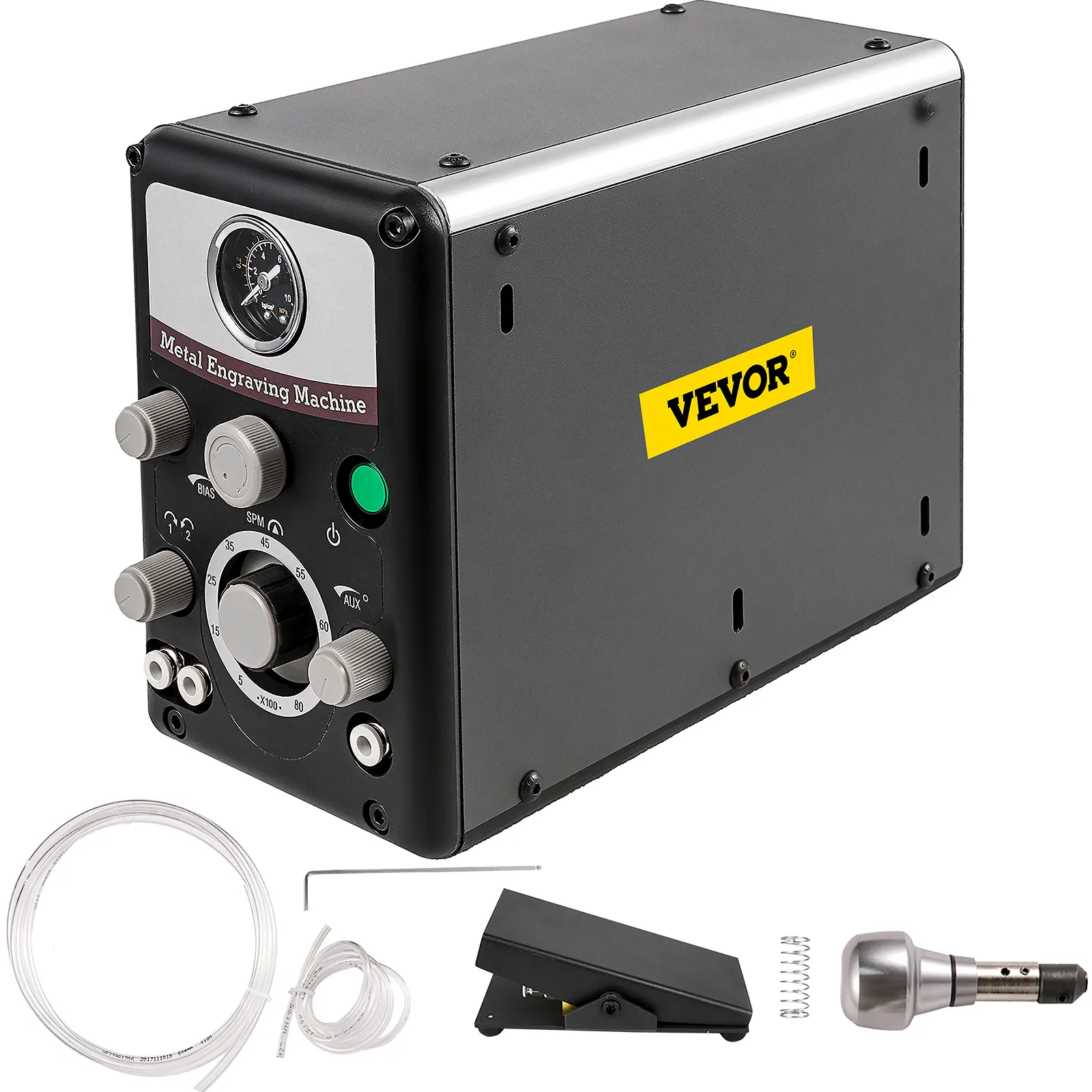 Grabador de joyas neumático VEVOR con caja de control, pedal y accesorios.