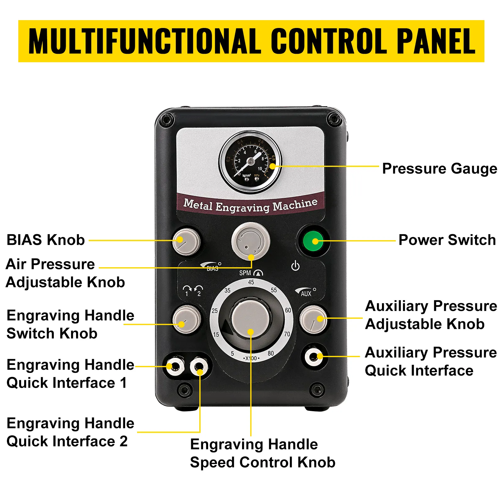 Panel de control del grabador de joyas neumático VEVOR con perillas e interfaces etiquetadas.