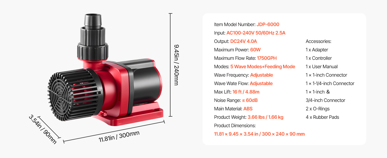 VEVOR Aquarium 24V DC Water Pump, 60W, 1750 GPH Marine