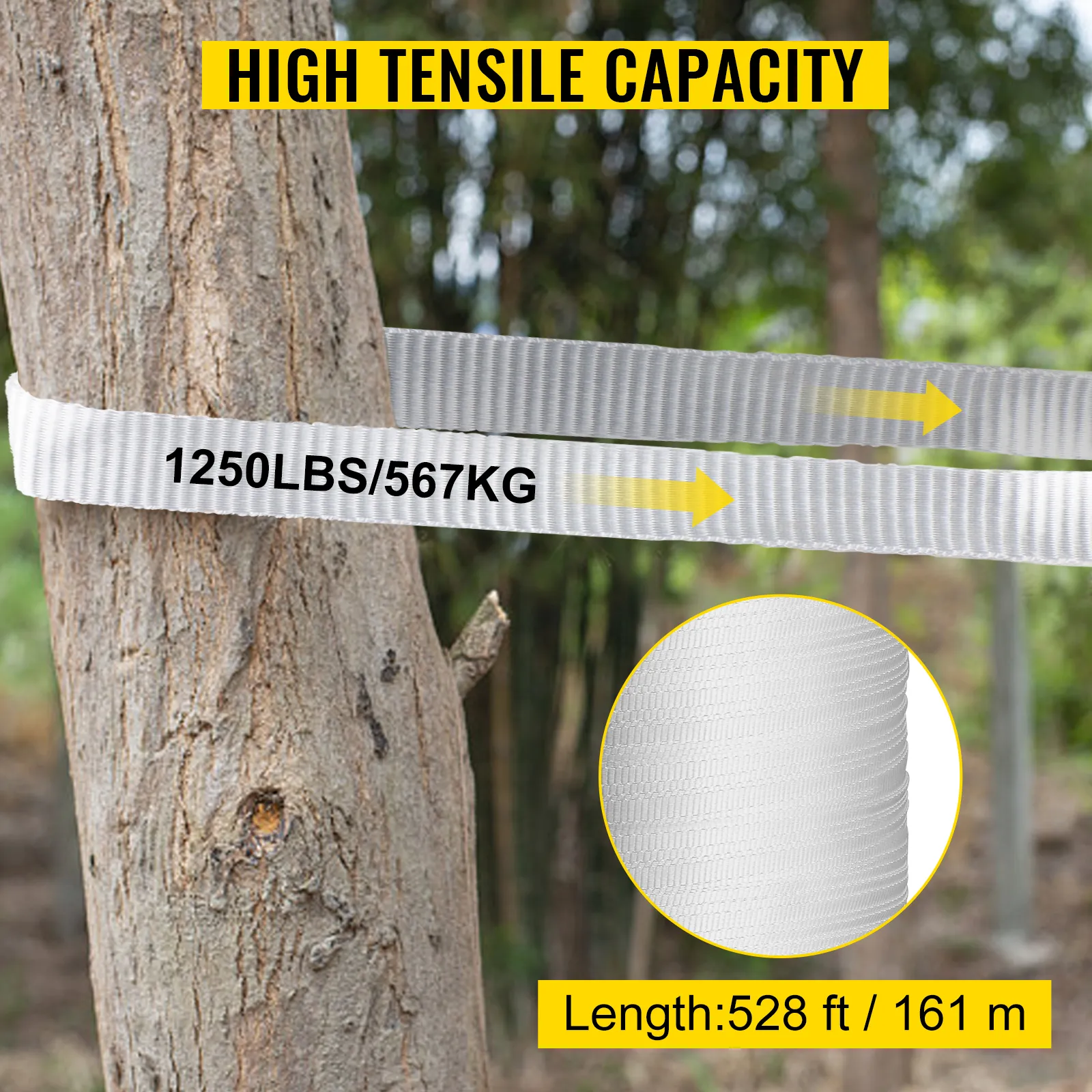 Cinta de tracción de poliéster VEVOR envuelta alrededor de un árbol, que muestra una alta capacidad de tracción de 1250 lb/567 kg.