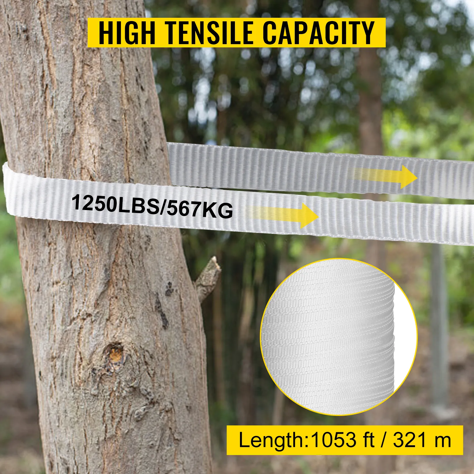 Cinta de tracción de poliéster VEVOR enrollada alrededor de un árbol con una capacidad de tracción de 1250 lb/567 kg