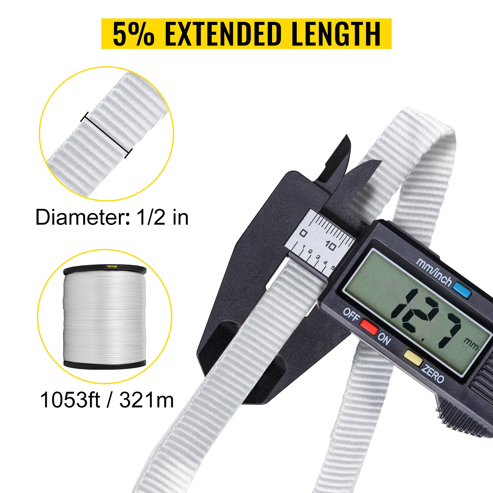 Cinta de tracción de poliéster VEVOR, 5 % de longitud extendida, 1/2 pulgada de diámetro, 1053 pies (321 m) de longitud