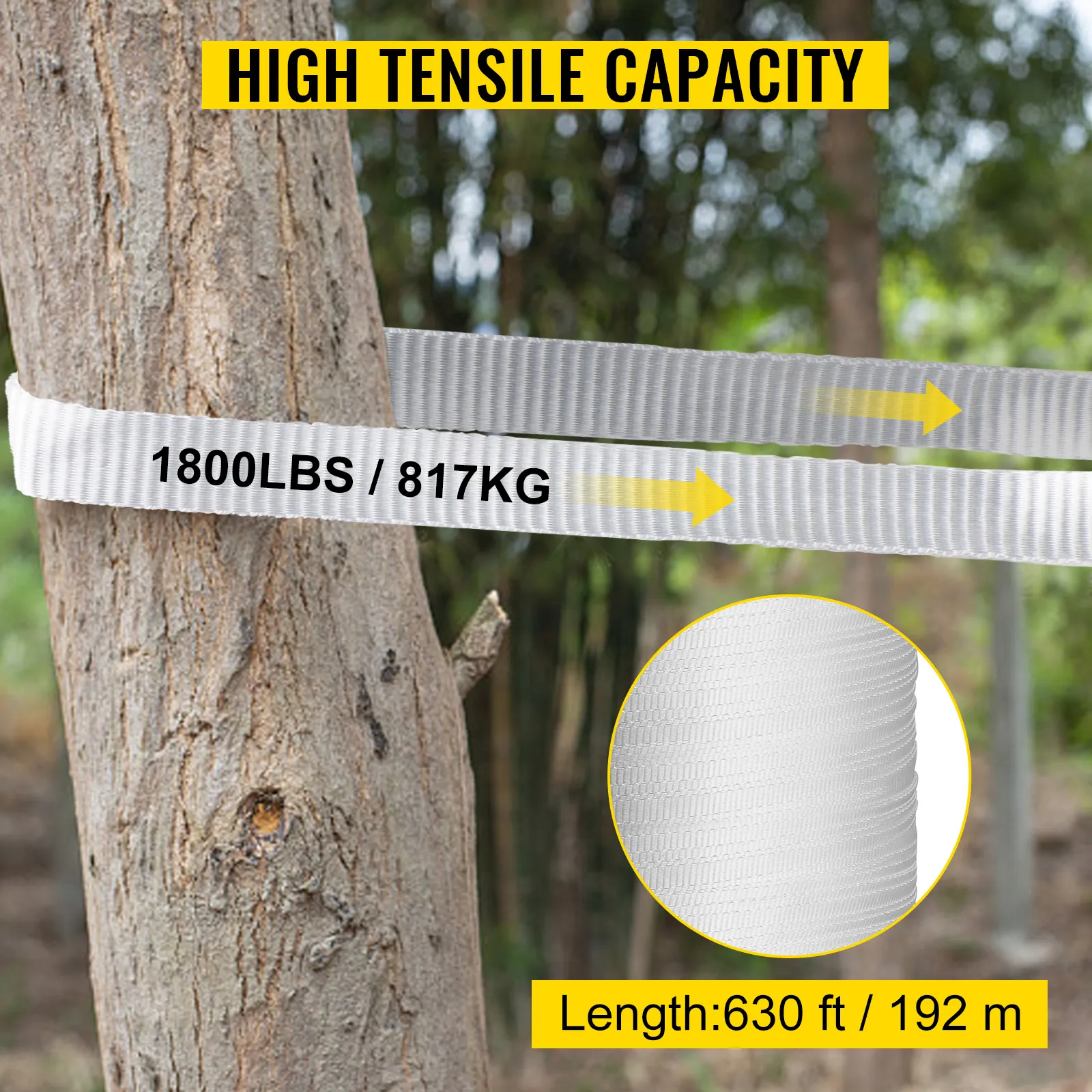 Cinta de tracción de poliéster VEVOR blanca, capacidad de tracción de 1800 libras, 630 pies de largo, atada a un árbol.