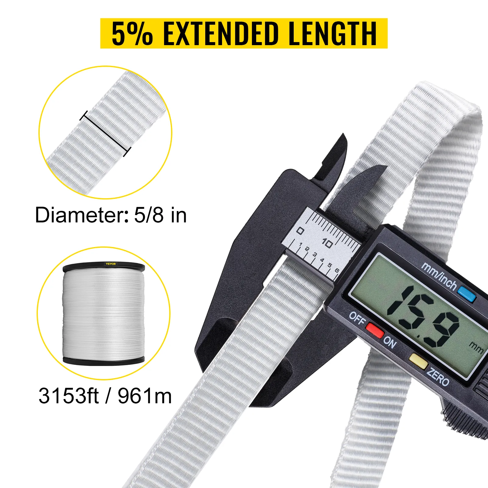 Cinta de tracción de poliéster VEVOR, 5 % de longitud extendida, diámetro 5/8 pulg., 3153 pies/961 m.