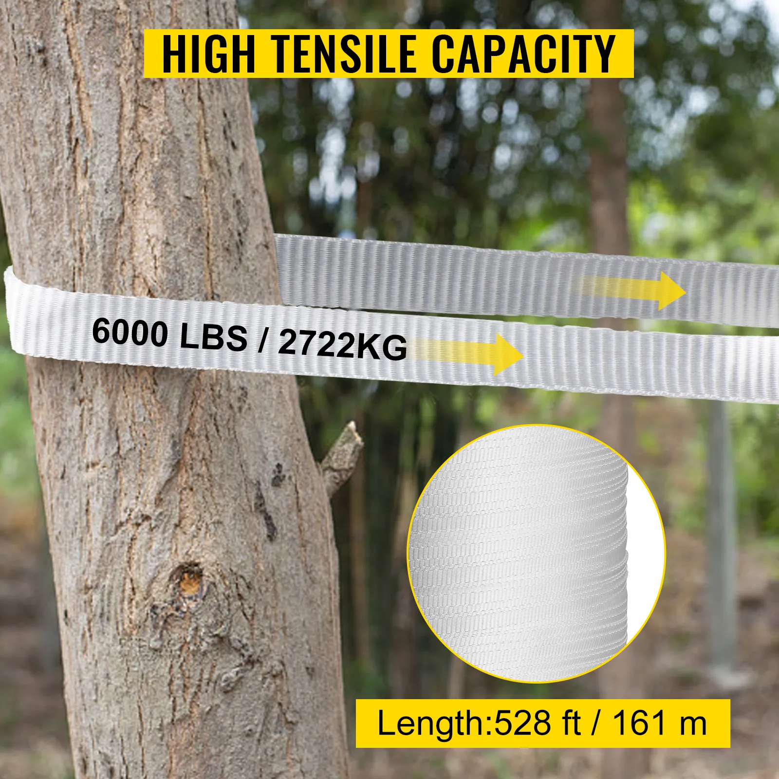 VEVOR polyester pull tape with 6000lbs tensile strength wrapped around a tree.