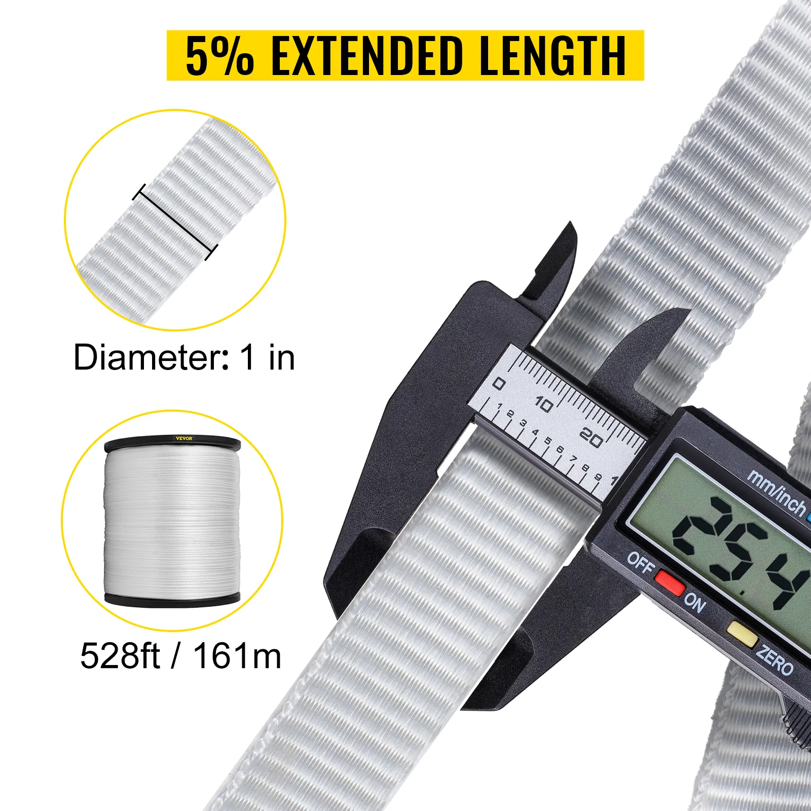 VEVOR polyester pull tape, 5% extended length, 1 in diameter, 528ft/161m.