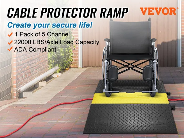 La rampa di protezione per cavi VEVOR offre un accesso durevole per sedie a rotelle con 5 canali, capacità di 22000 libbre e conformità ADA.