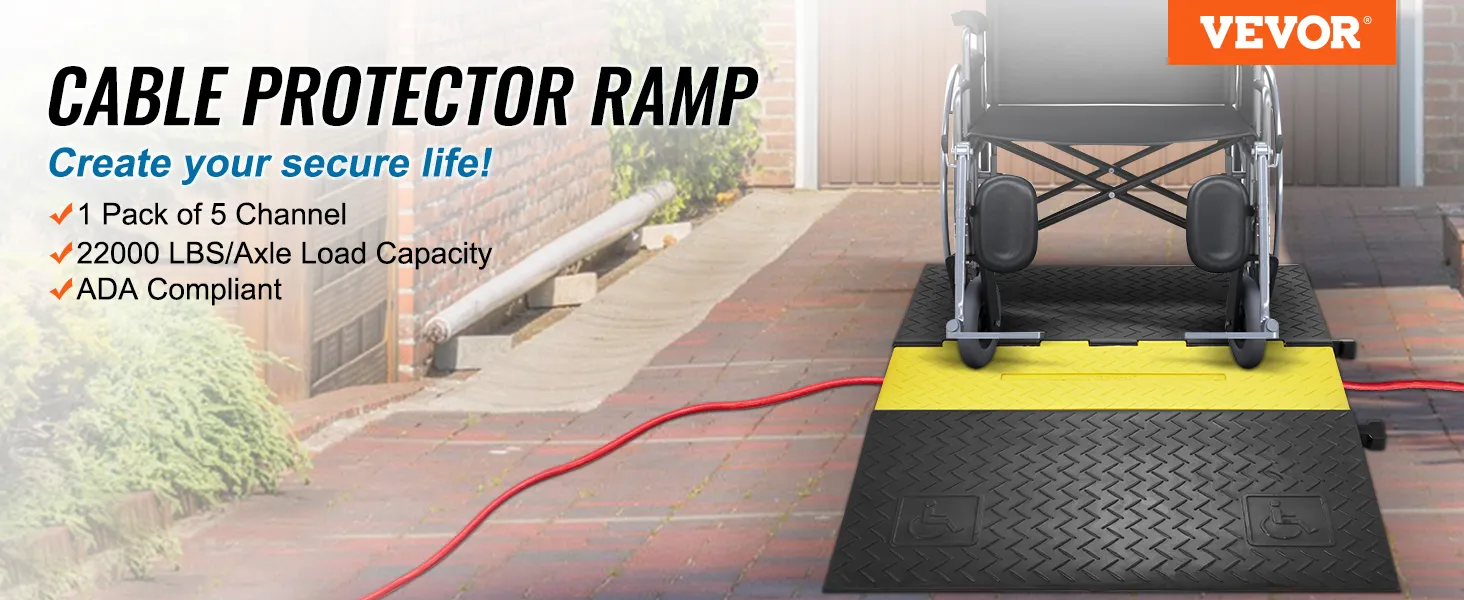 VEVOR cable protector ramp offers durable wheelchair access with 5 channels, 22000 lbs capacity, and ada compliance.