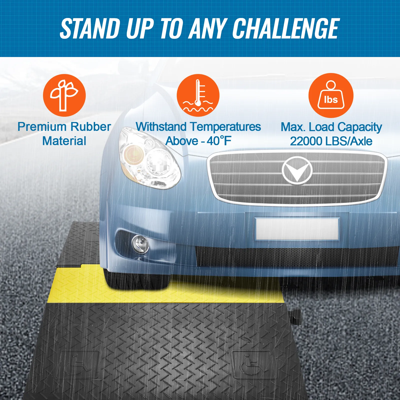 VEVOR cable protector ramp under a blue car, showcasing premium rubber material, high durability, and load capacity.