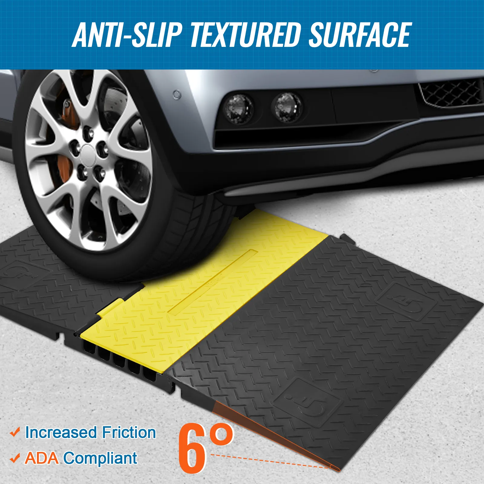 anti-slip textured VEVOR cable protector ramp with 6° angle under car tire for increased friction.