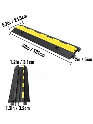 VEVOR cable protector ramp with dimensions for width, length, and height in black and yellow.