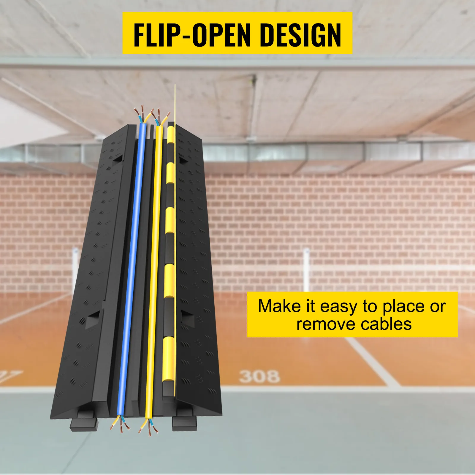 VEVOR cable protector in a parking area with flip-open design for easy cable placement.
