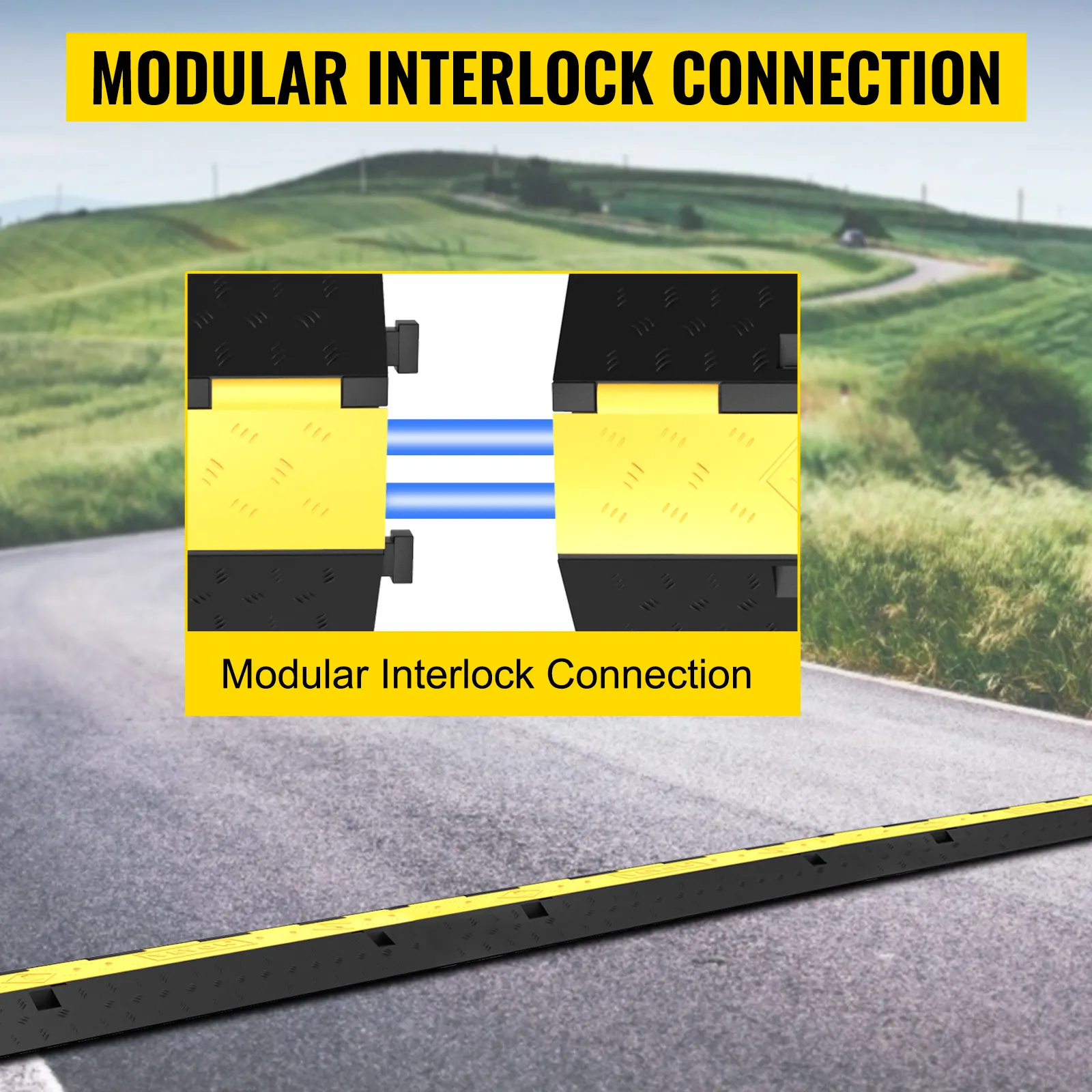 VEVOR cable protector in black and yellow with modular interlock connection on a road.