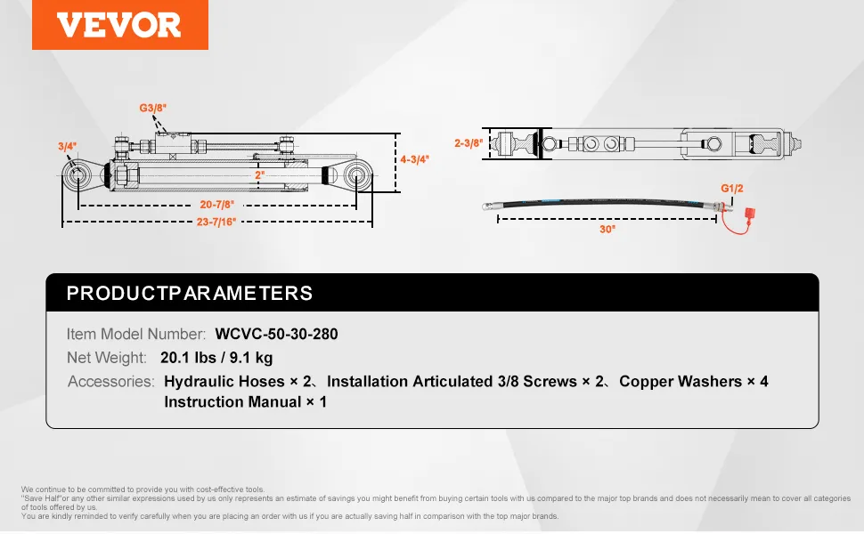 Enlace superior hidráulico VEVOR con mangueras, tornillos, arandelas y manual de instrucciones, modelo wcvc-50-30-280.