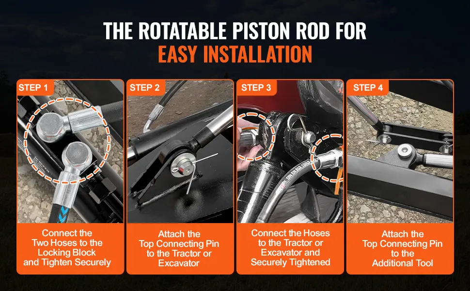 Pasos de instalación del enlace superior hidráulico VEVOR: conectar las mangueras, colocar el pasador superior, apretar las mangueras, colocar una herramienta adicional.