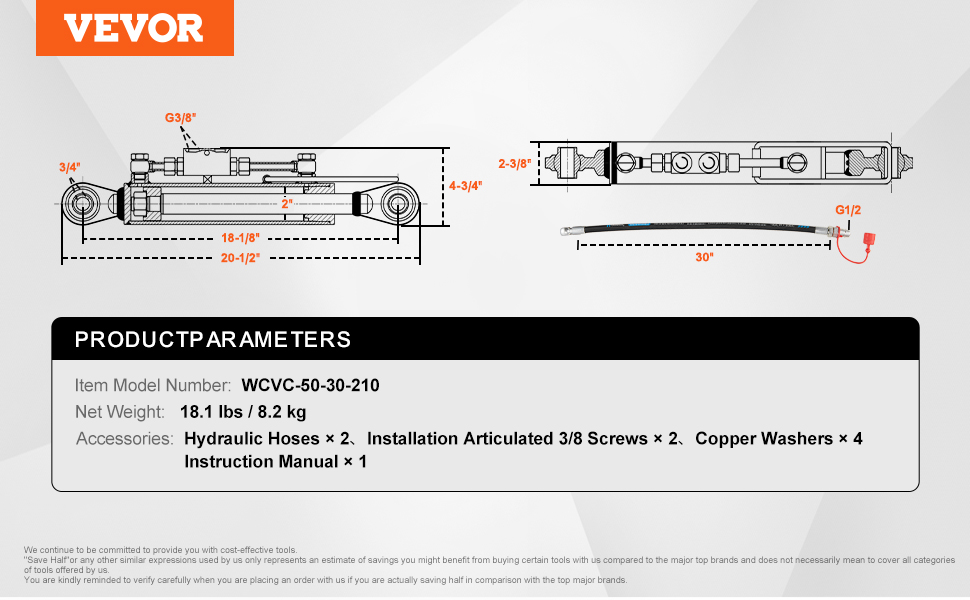 VEVOR Hydraulic Top Link Cat.1-1 (8-1/4 in, 18-1/8~26-3/8 in