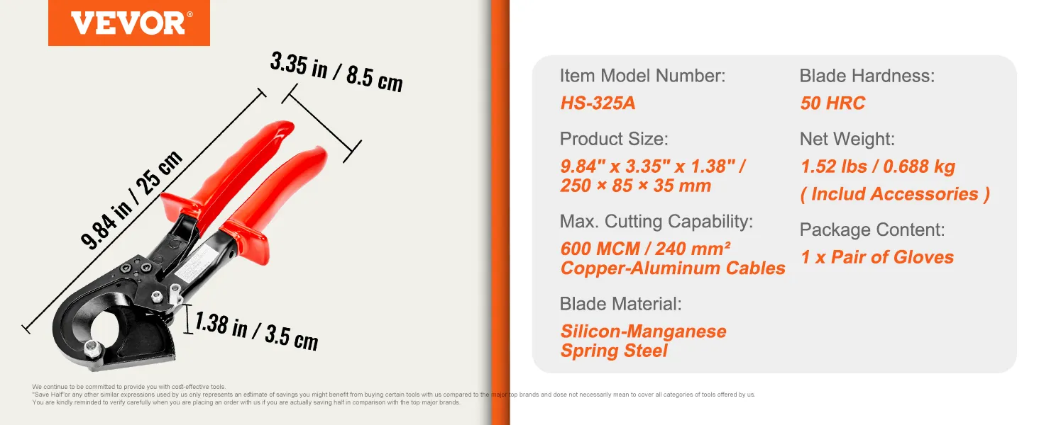 Tagliacavi a cricchetto VEVOR, hs-325a, 600 mcm, 240 mm², impugnature rosse, 9,84"x3,35"x1,38".