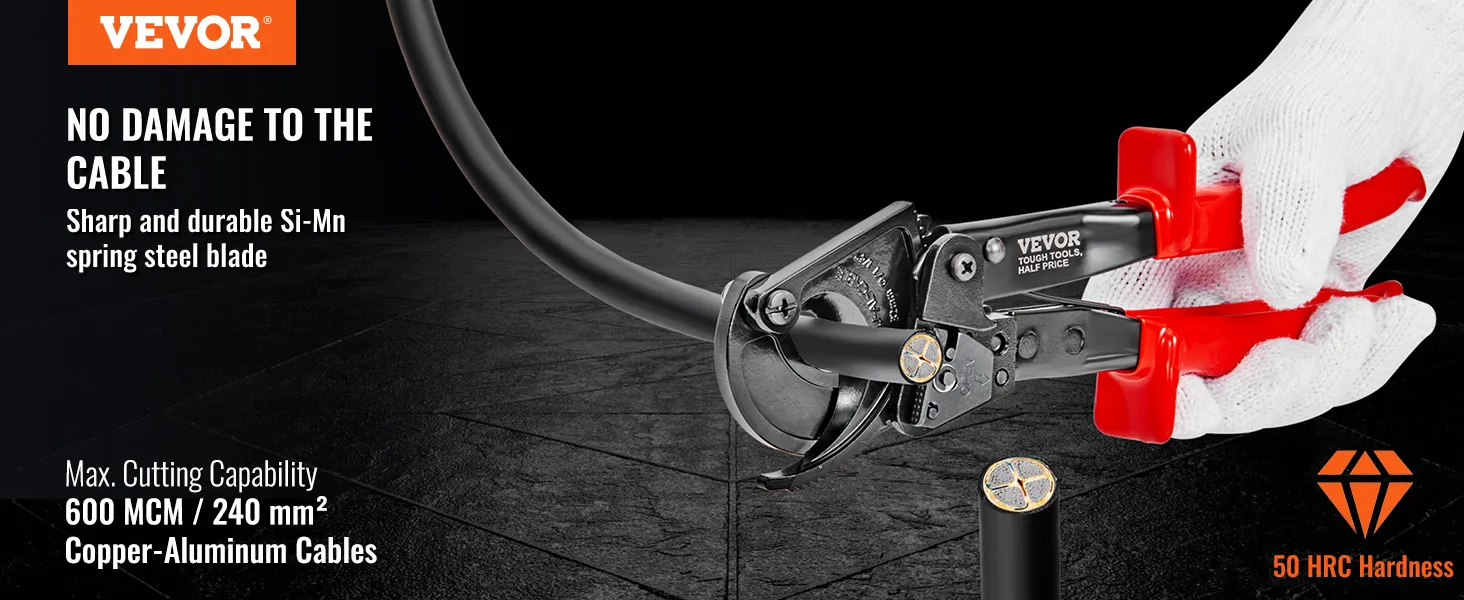 VEVOR ratcheting cable cutter cutting a cable with sharp si-mn spring steel blade and red handles.