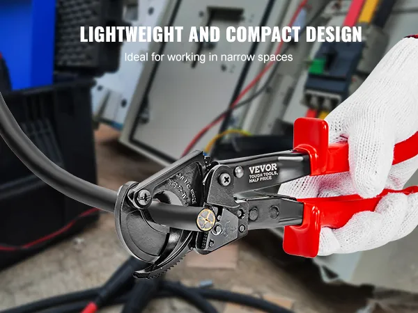 hand holding VEVOR cable cutter with lightweight and compact design for narrow spaces.