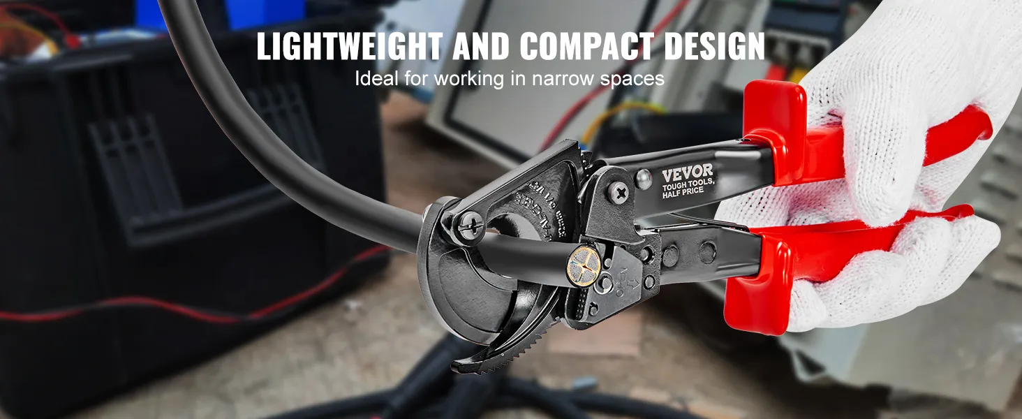 hand holding VEVOR cable cutter with lightweight and compact design for narrow spaces.