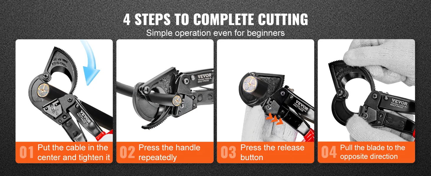 4-step guide using VEVOR ratcheting cable cutter with simple instructions for beginners.