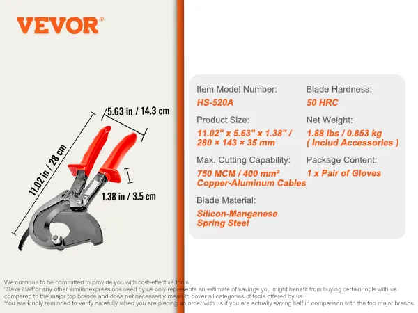 VEVOR ratcheting cable cutter with red handles; 11.02 in long, cuts up to 400mm² copper cables.