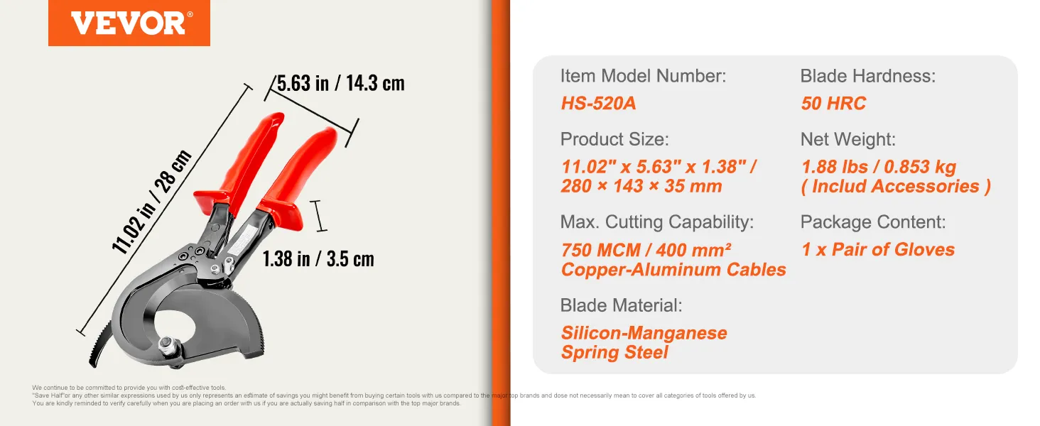 VEVOR ratcheting cable cutter with red handles; 11.02 in long, cuts up to 400mm² copper cables.