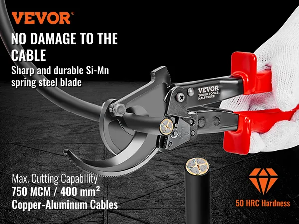 VEVOR ratcheting cable cutter with red handles cutting a thick cable, showing no damage.