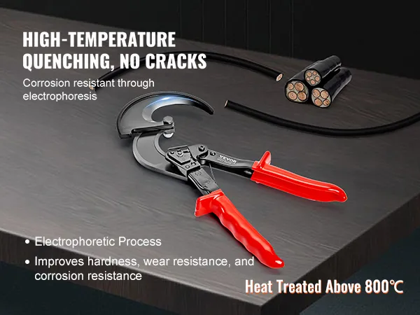 VEVOR ratcheting cable cutter with high-temperature quenching, corrosion-resistant electrophoresis.