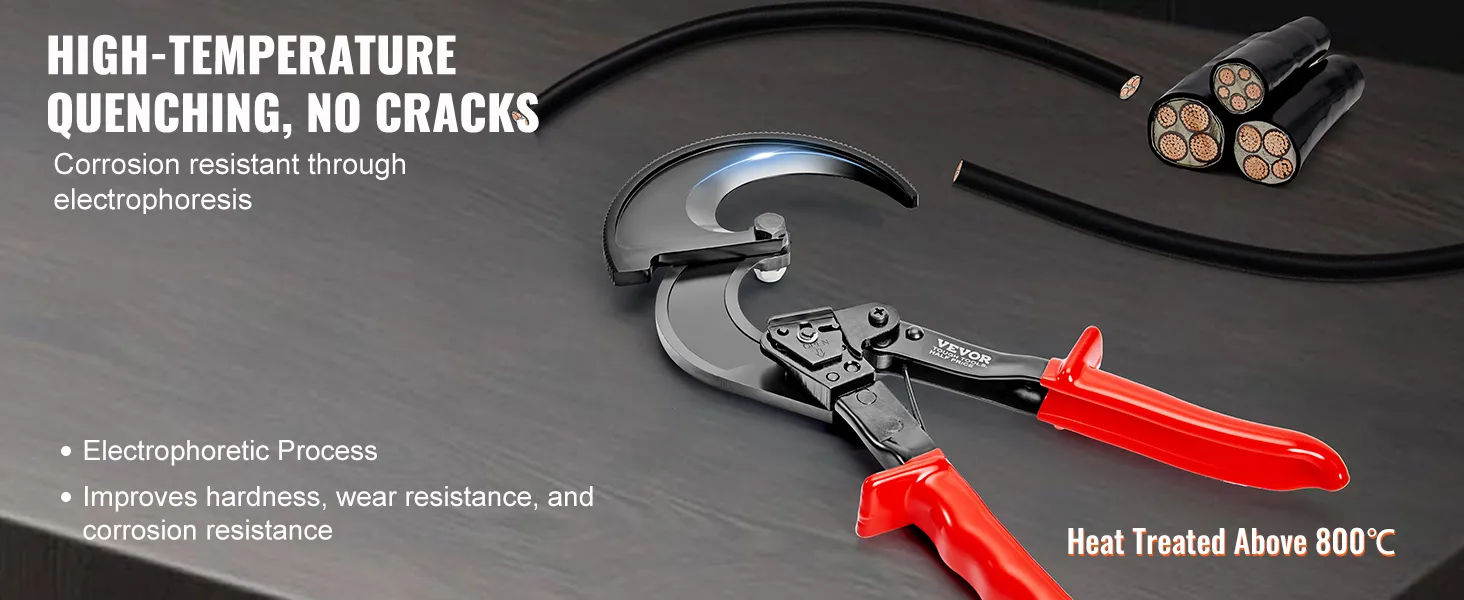 VEVOR ratcheting cable cutter with high-temperature quenching, corrosion-resistant electrophoresis.
