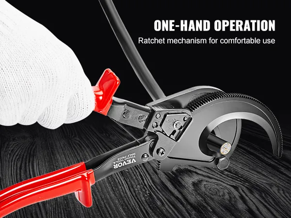 white-gloved hand using VEVOR ratcheting cable cutter with red handle and one-hand operation text.