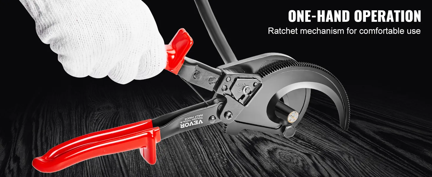 white-gloved hand using VEVOR ratcheting cable cutter with red handle and one-hand operation text.
