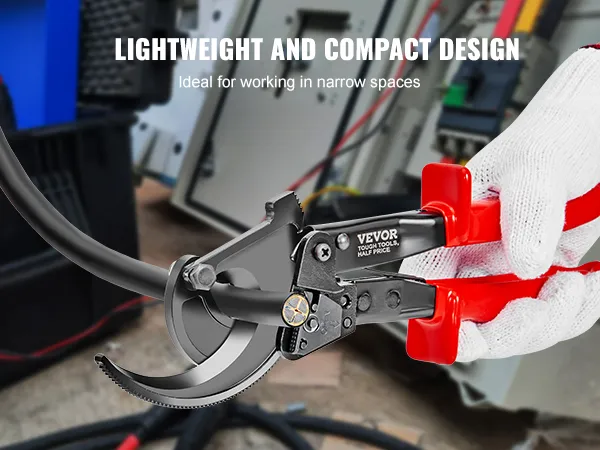 gloved hands using VEVOR ratcheting cable cutter with red handles, ideal for narrow spaces.