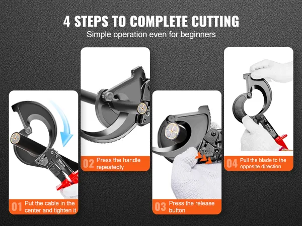 4 steps for using VEVOR ratcheting cable cutter: center and tighten, press handle, release, pull blade.