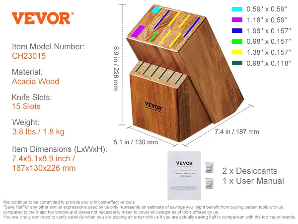 VEVOR knife storage block with 15 slots, made of acacia wood, model ch23015, includes desiccants and manual.