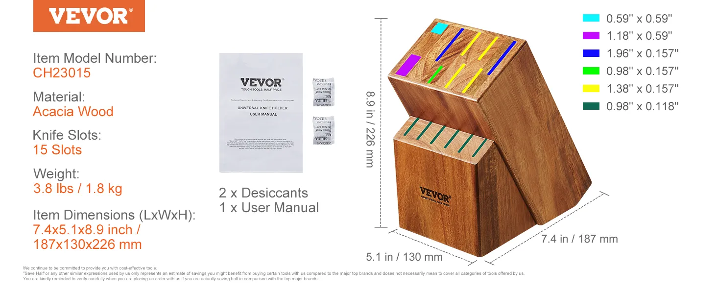 VEVOR knife storage block with 15 slots, made of acacia wood, model ch23015, includes desiccants and manual.