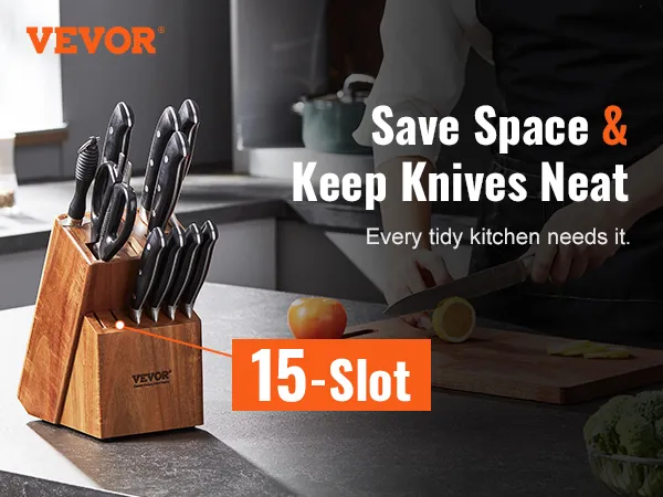 VEVOR 15-slot knife storage block in a modern kitchen, keeping knives organized and space-saving.