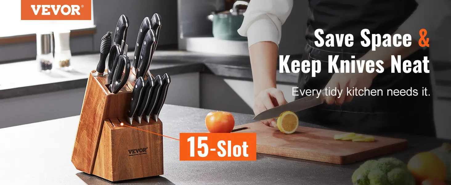 VEVOR 15-slot knife storage block in a modern kitchen, keeping knives organized and space-saving.