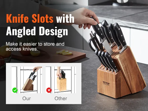VEVOR knife storage block with angled slots for easy access, shown on a kitchen counter with knives.