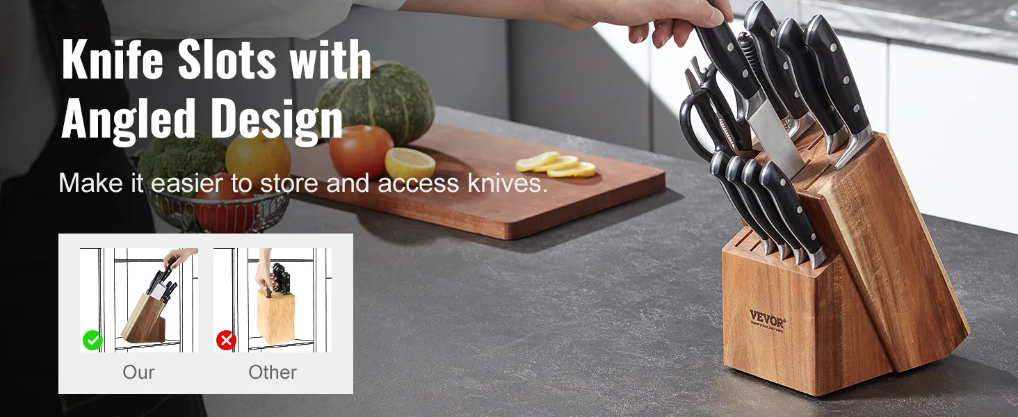 VEVOR knife storage block with angled slots for easy access, shown on a kitchen counter with knives.
