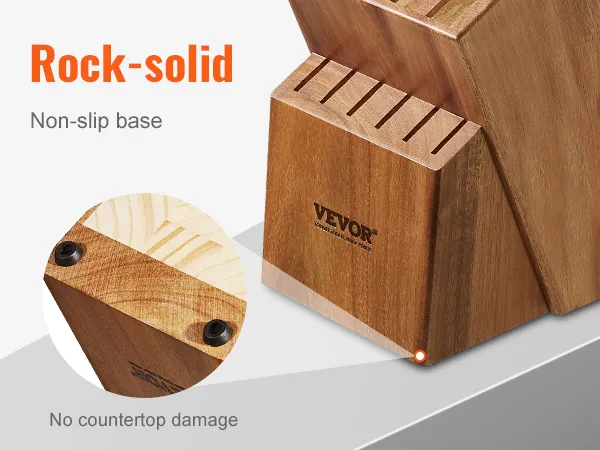 VEVOR knife storage block with non-slip base, rock-solid stability, and no countertop damage.