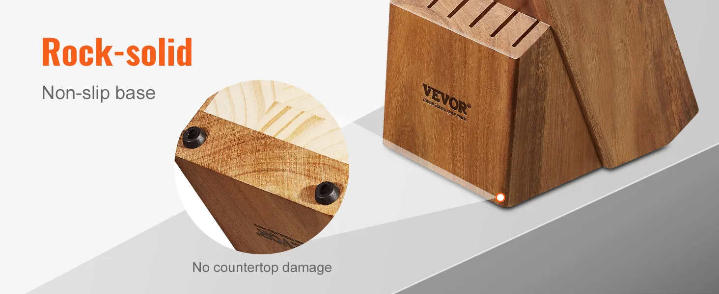 VEVOR knife storage block with non-slip base, rock-solid stability, and no countertop damage.