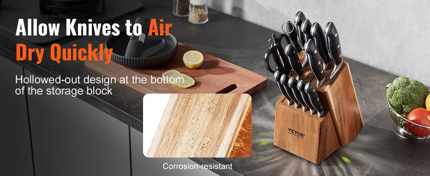 VEVOR knife storage block with hollowed-out design, allowing knives to air dry quickly.