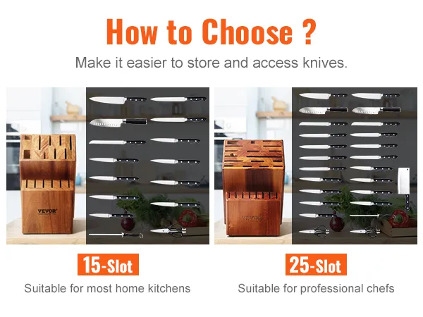 VEVOR knife storage block, 15-slot and 25-slot options, showing knives and suitable for different kitchens.