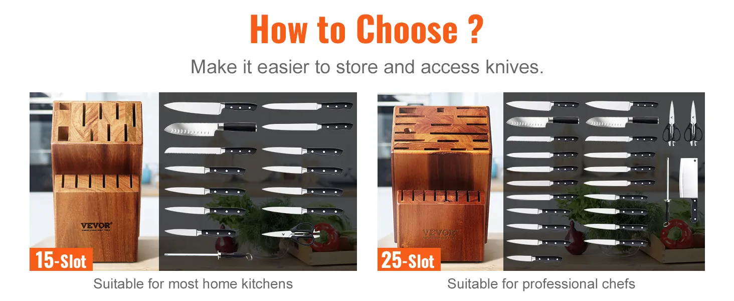 VEVOR knife storage block, 15-slot and 25-slot options, showing knives and suitable for different kitchens.