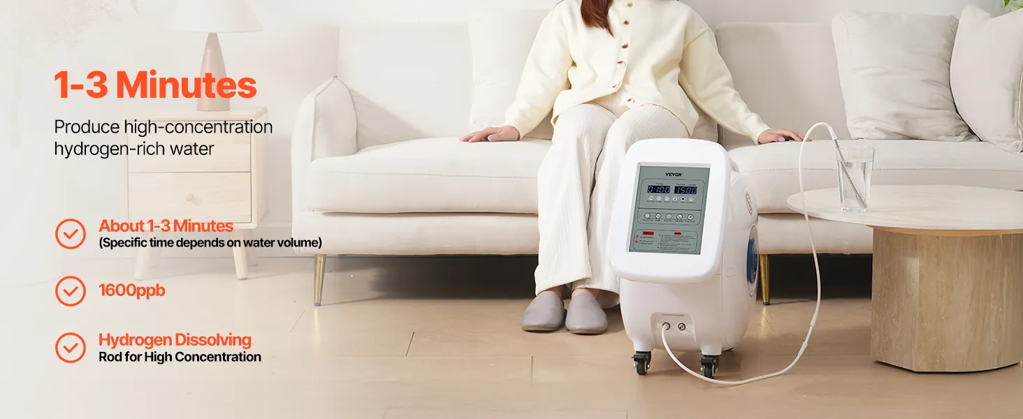 VEVOR Hydrogen Inhalation Machine, 99.99% High Purity Hydrogen Inhaler, HO-Separated 1500ml/min (1000 H+500 O) Dual Port Hydrogen Oxygen Inhaler, Hydrogen-Rich Water Generator with Wheels for Home