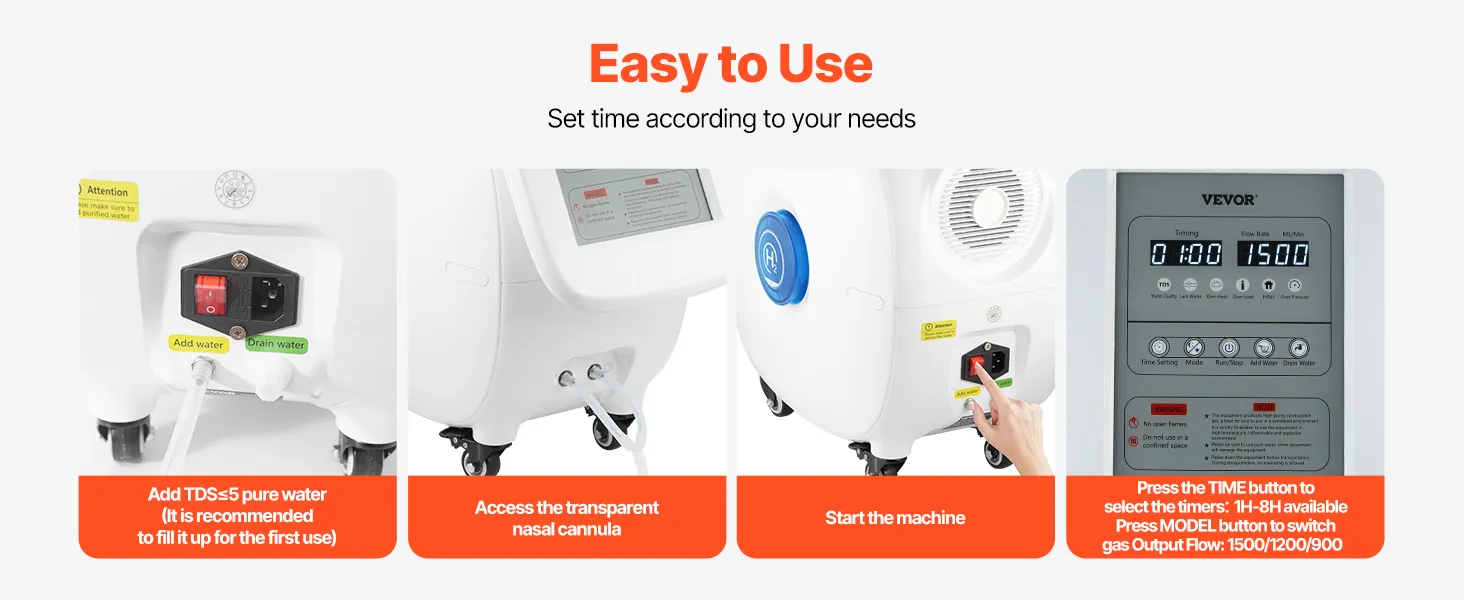 VEVOR Hydrogen Inhalation Machine, 99.99% High Purity Hydrogen Inhaler, HO-Separated 1500ml/min (1000 H+500 O) Dual Port Hydrogen Oxygen Inhaler, Hydrogen-Rich Water Generator with Wheels for Home