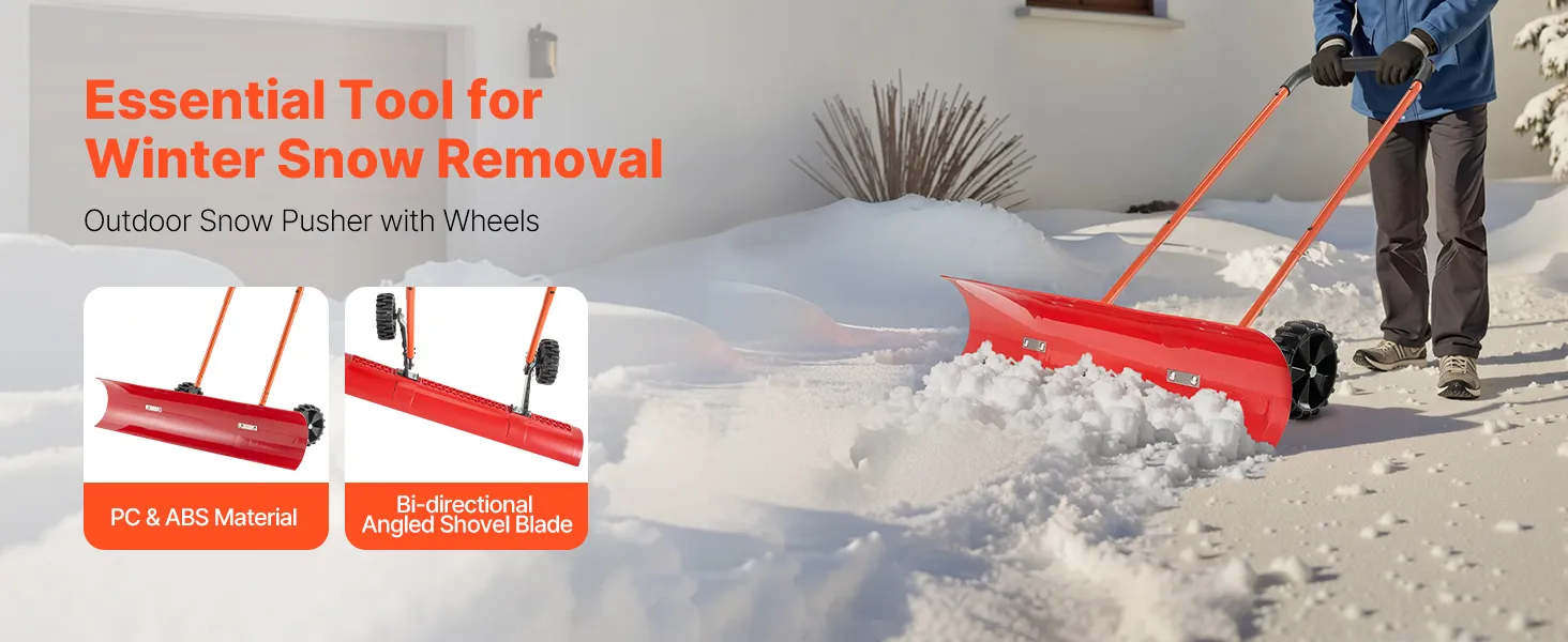 VEVOR Snow Pusher Shovel with Wheels, 37.8 in Wheeled Snowplow Shovel with Bi-Directional Angled Blade & 90° Adjustable Handle, Durable Plastic Winter Shovels, Portable Snow Removal Tool for Driveway